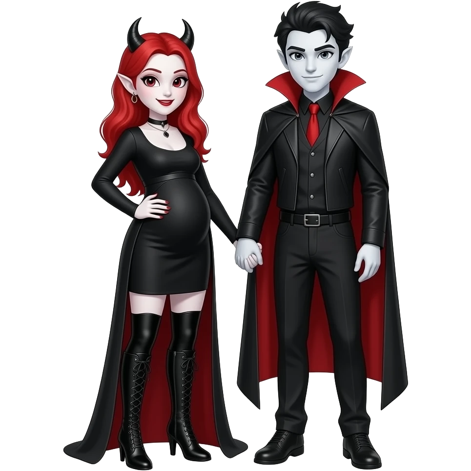 Vampiro femmina ADOLESCENTE con pelle bianca e capelli rossi indossa un vestito con le maniche lunghe nero, gli stivali lunghi neri con il tacco in GRAVIDANZA e tiene la mano al suo fidanzato VAMPIRO con la pelle bianca e i capelli neri emoji