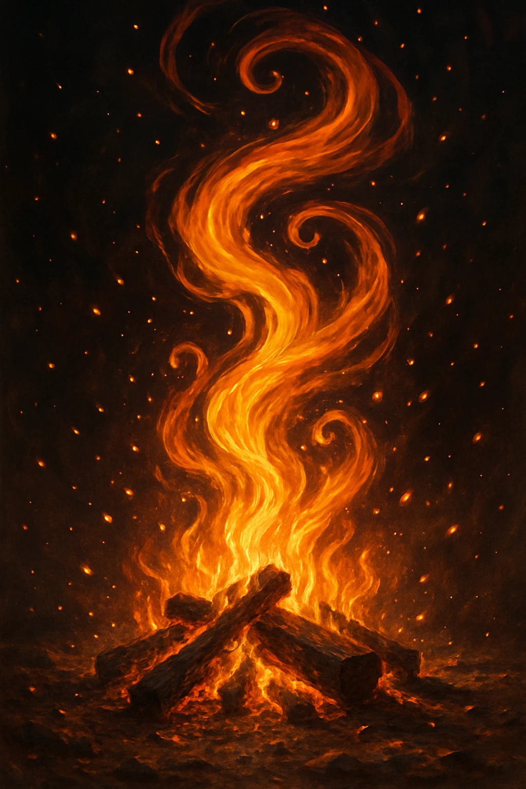 a hypnotizing bonfire, swirling flames, mesmerizing, magical, glowing embers, captivating energy emoji