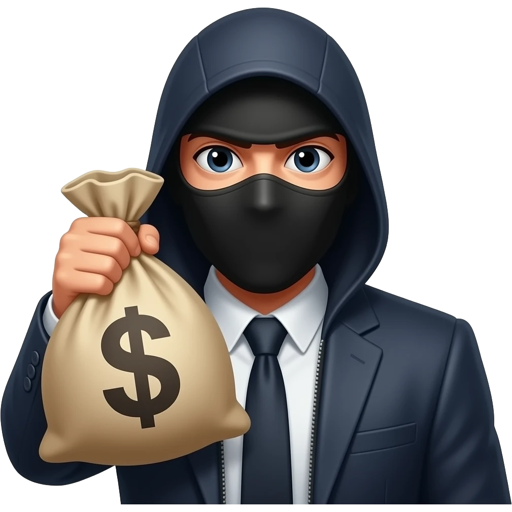 Ladrón con la cara cubierta y una bolsa de dinero en la mano emoji