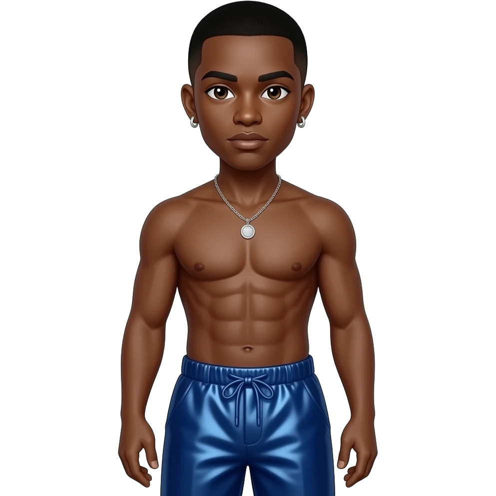 Jay-Z with brown eyes, black buzz cut hair, indigo metallic baggy pants, shirtless with necklace and earrings emoji