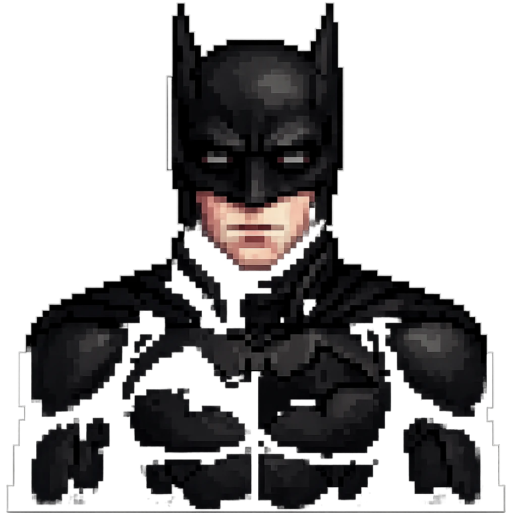 Edit the images to depict Robert Pattinson with a Batman look in pixel art style. Add a black cowl with bat ears and a dark suit. Keep the background transparent. The style should resemble pixel art with clear pixelated details and colors. emoji