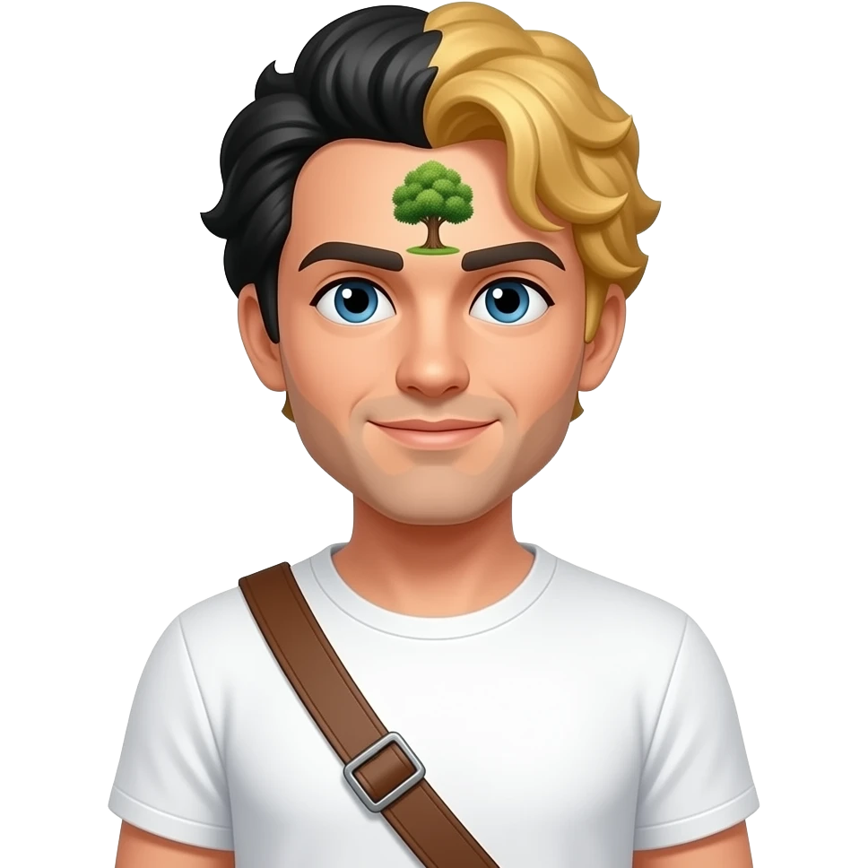 No beard brown sling half black and blonde twist hair tree on forehead white t shirt emoji