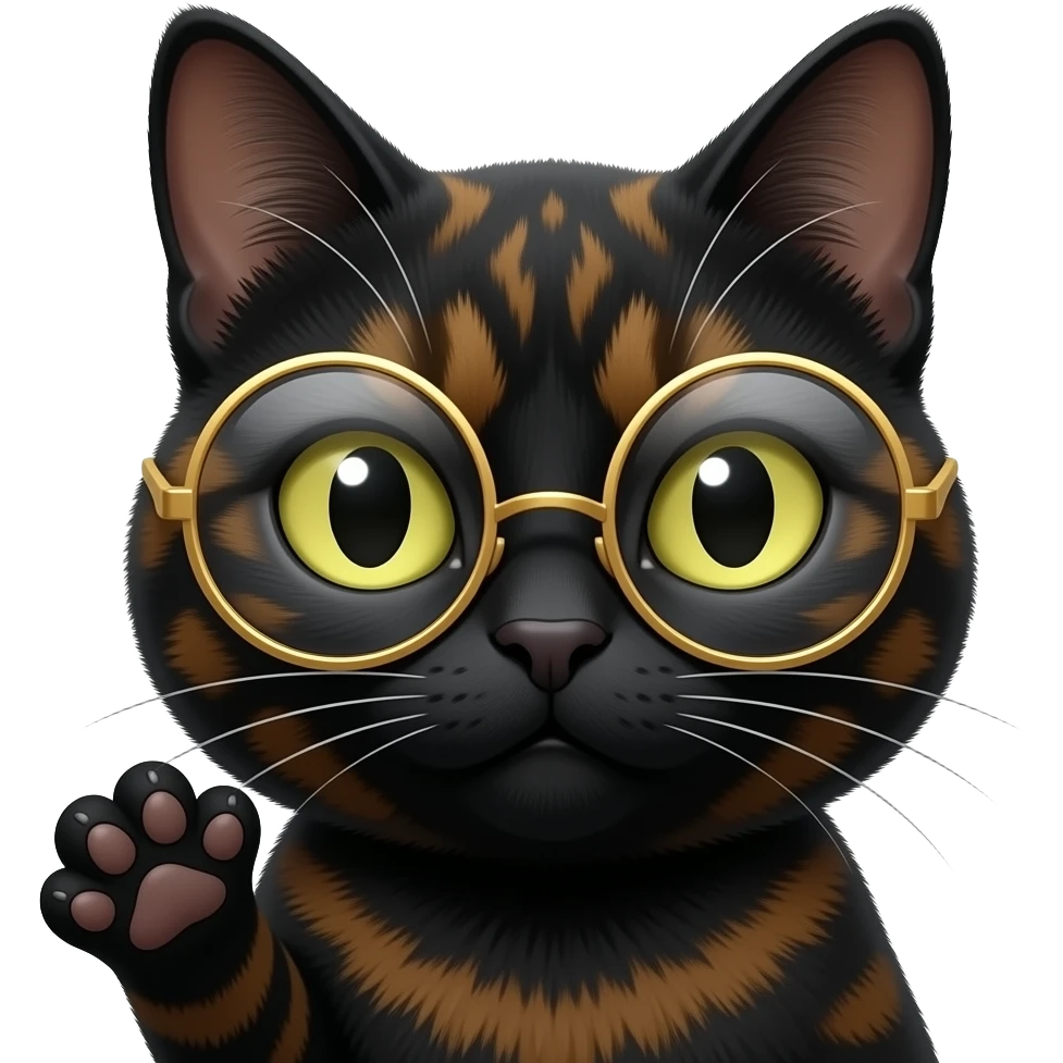 A mostly black Tortoiseshell cat face and paw, the Cat has a devious expression. Cat has round gold glassed and on paw up. emoji