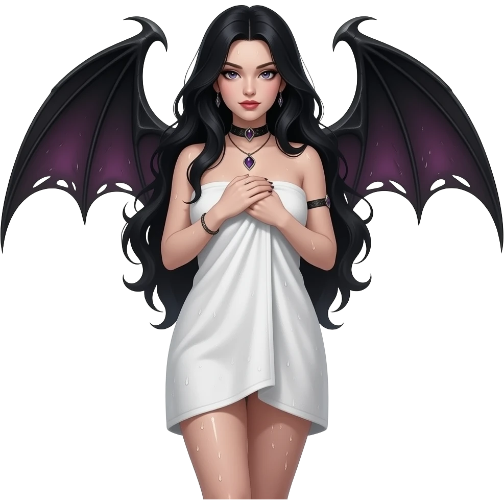 Sexy gothic black haired woman in towel and wet. Full body. Fantasy and seductive emoji