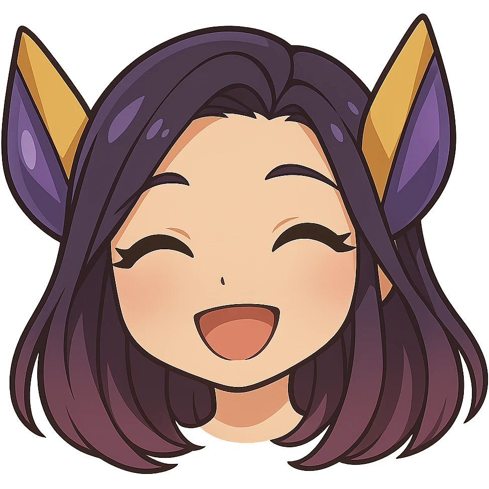 Create a chibi style emote of Kaisa from League of Legends showing a happy expression, only the head is visible. This is alternate happy expression 2 with a transparent background. emoji