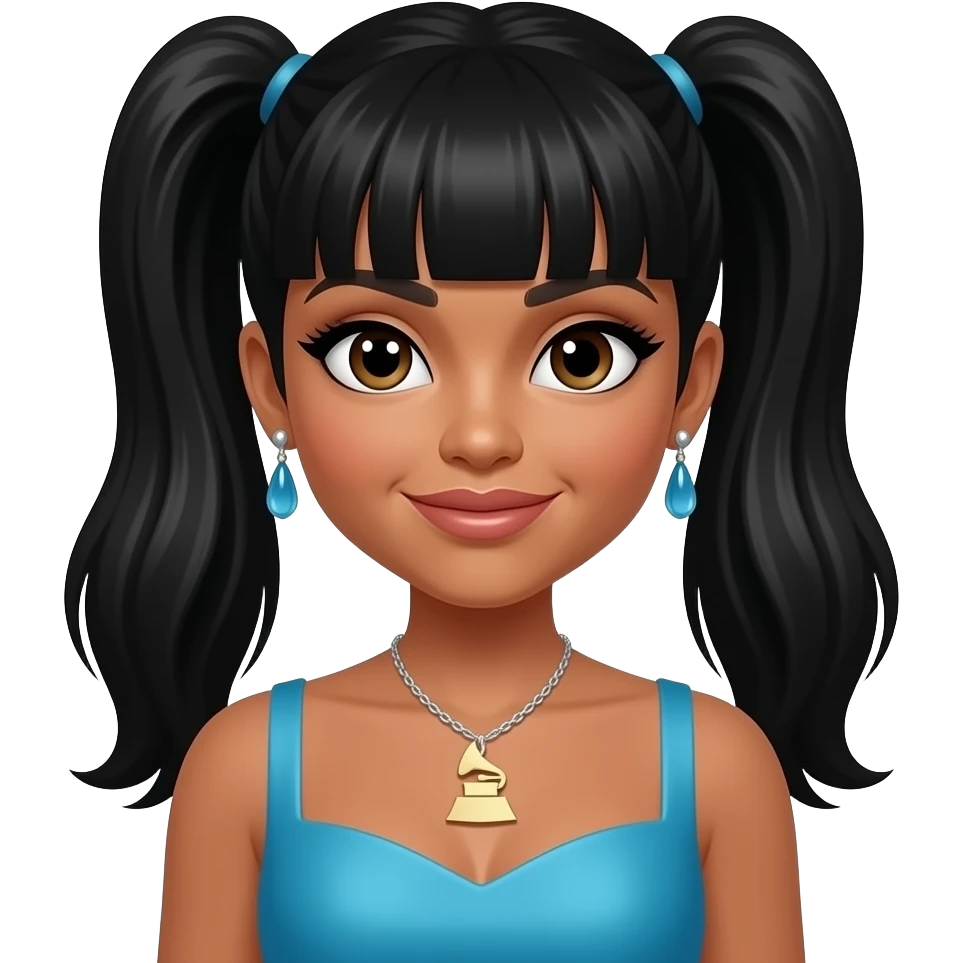 Lisa Left Eye Lopes from TLC with light brown skin, dark brown eyes, black two high ponytail hair with bang, azure grammy dress, necklace and earrings emoji