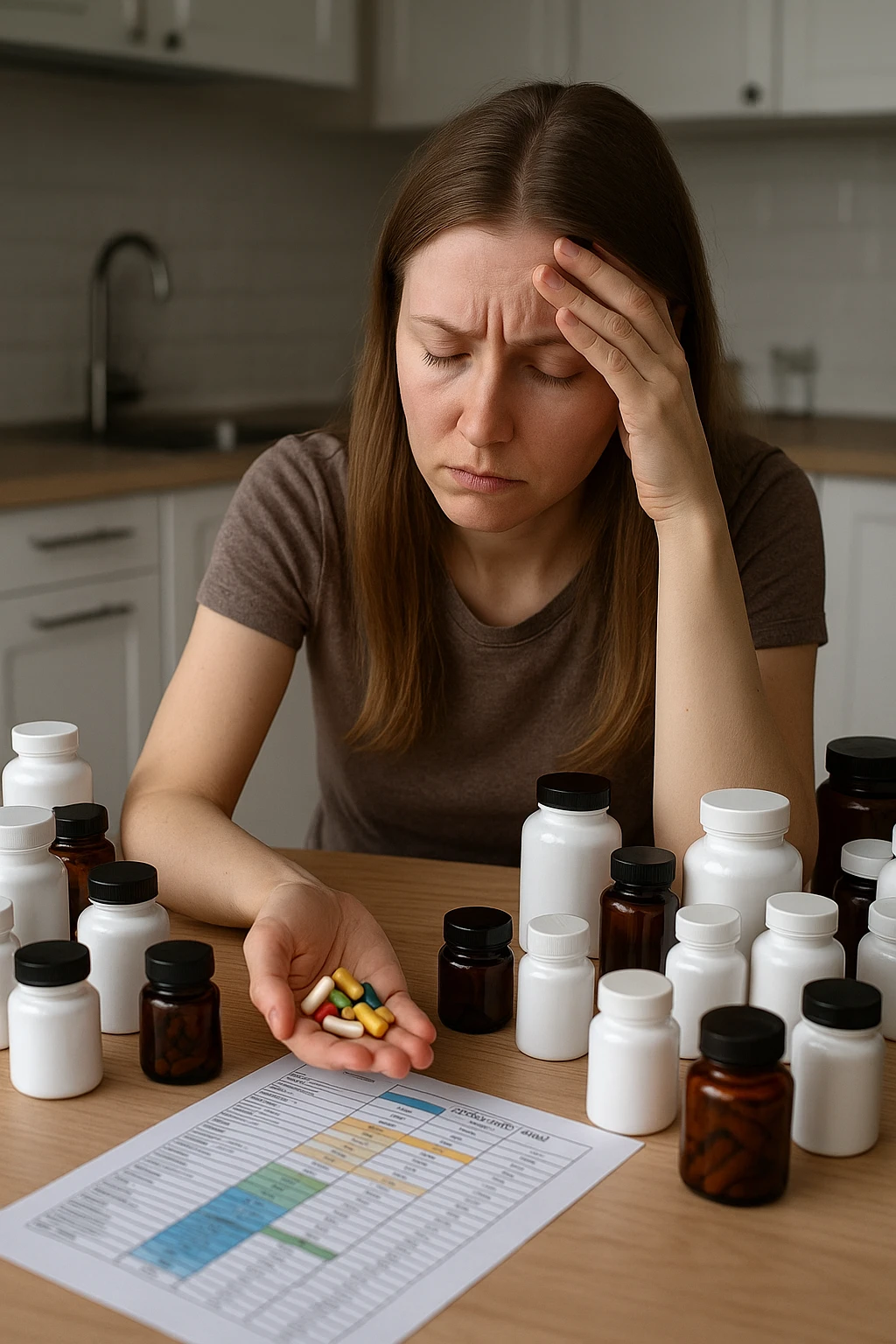 a woman in her 30s sits at her kitchen table, surrounded by dozens of supplement bottles, powders, and pills. She looks anxious and fatigued, with her head resting in one hand while the other holds a handful of colorful capsules. On the table, a nutrition chart is ignored, and her skin appears slightly dull or stressed. The mood is cautionary and educational. in italiano emoji