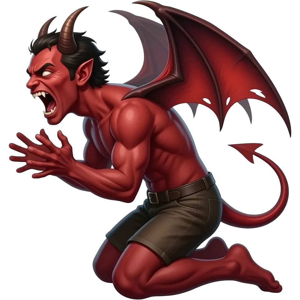 Create an emoji of a demon kneeling down and screaming in pain and show it sideways emoji