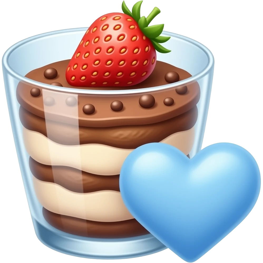 basic cocoa tiramisu with a strawberry in a large glass and with 🩵 emoji