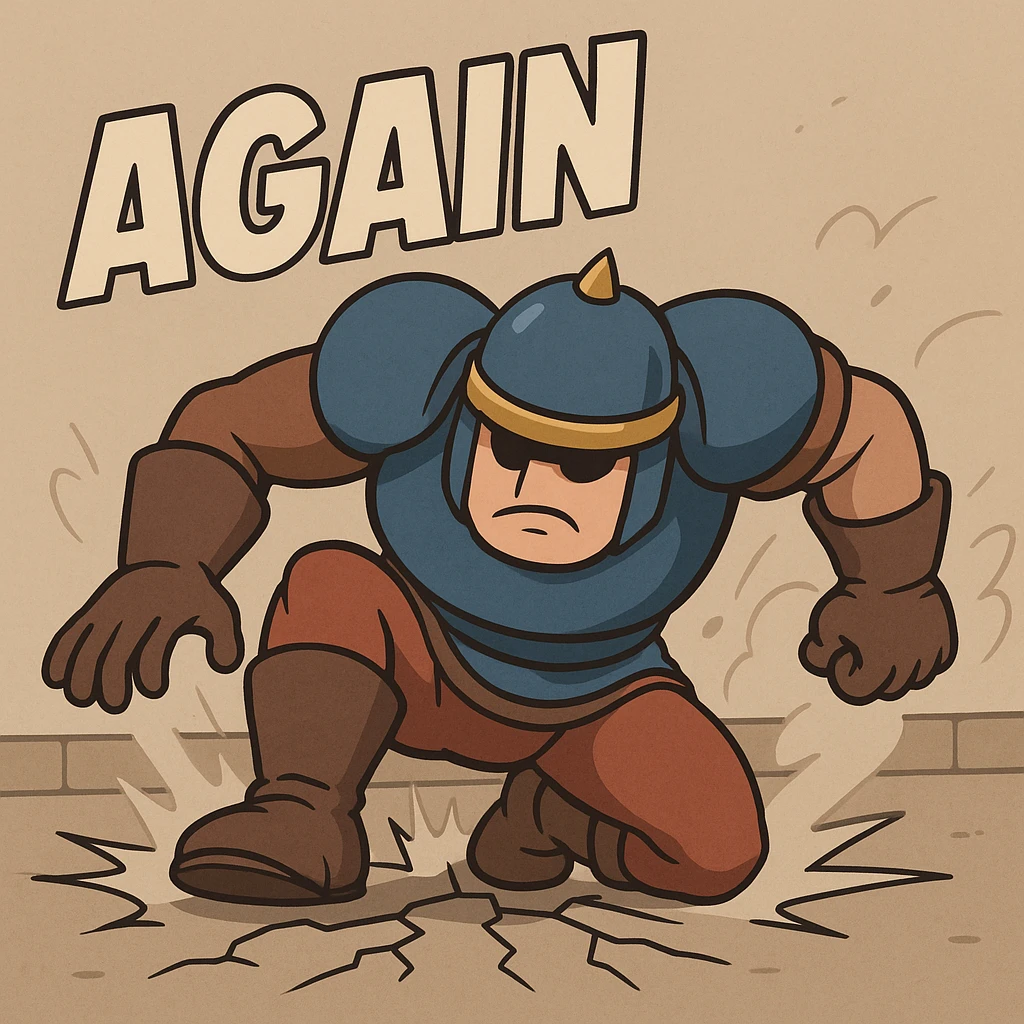 Jump King character from the game, landing hard on the floor, dynamic action pose, with the word 'Again' in bold, comic-style text emoji