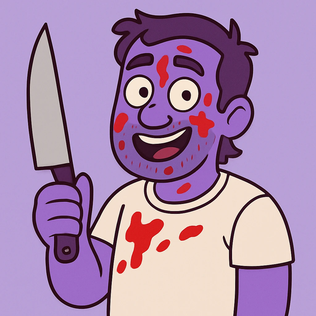 Edit the image of a man to have purple skin, keep everything else as in the original, stylized, holding a knife, ketchup on the face, friendly expression, light background. emoji