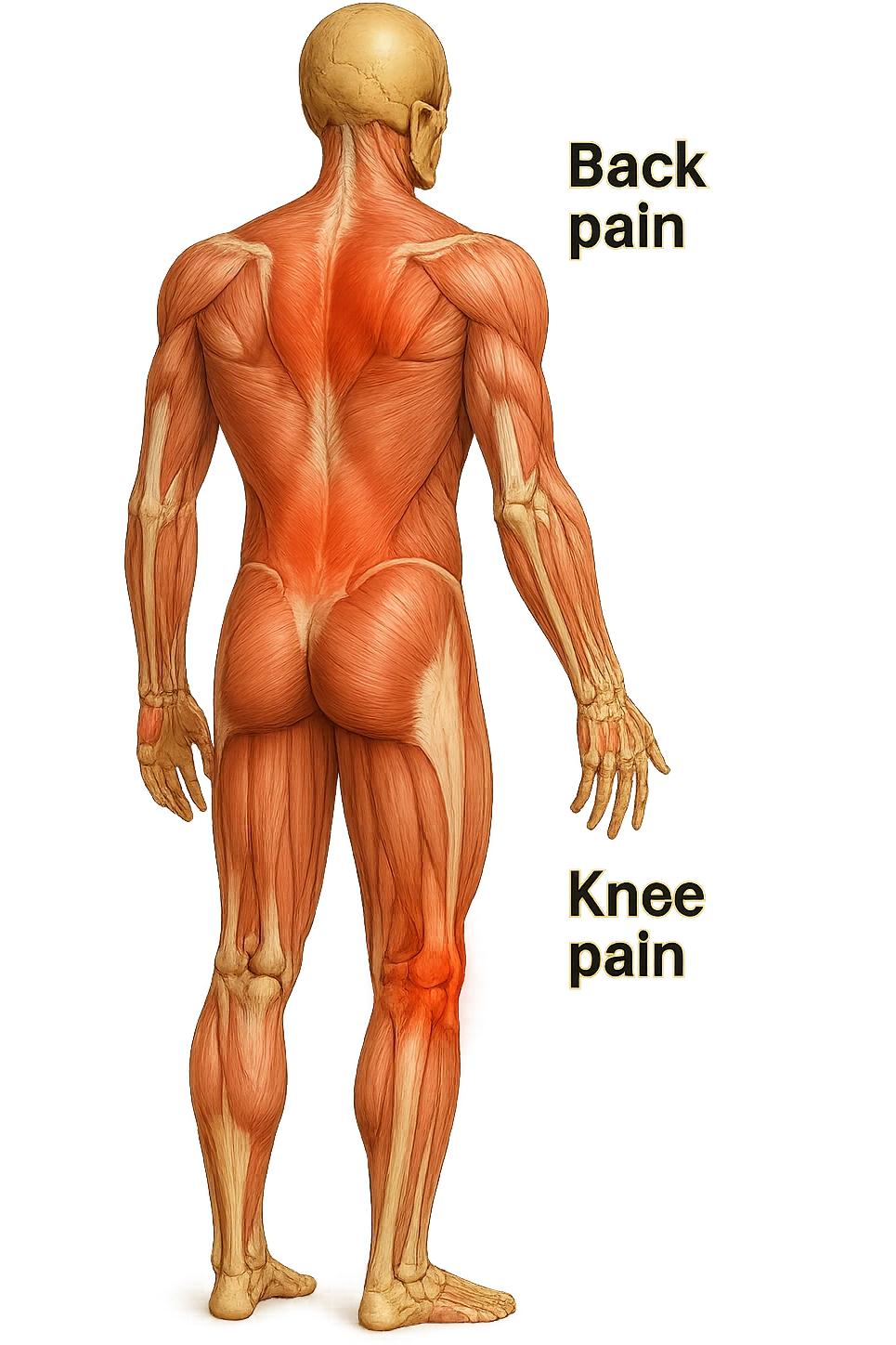 corpo umano anatomico con mal di schiena e al ginocchio, iperrealiùstico 4k emoji