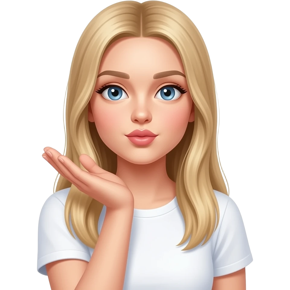 bella ragazza russa bionda capelli lisci lunghi e occhi chiari, con maglietta bianca e manda bacio con la mano emoji