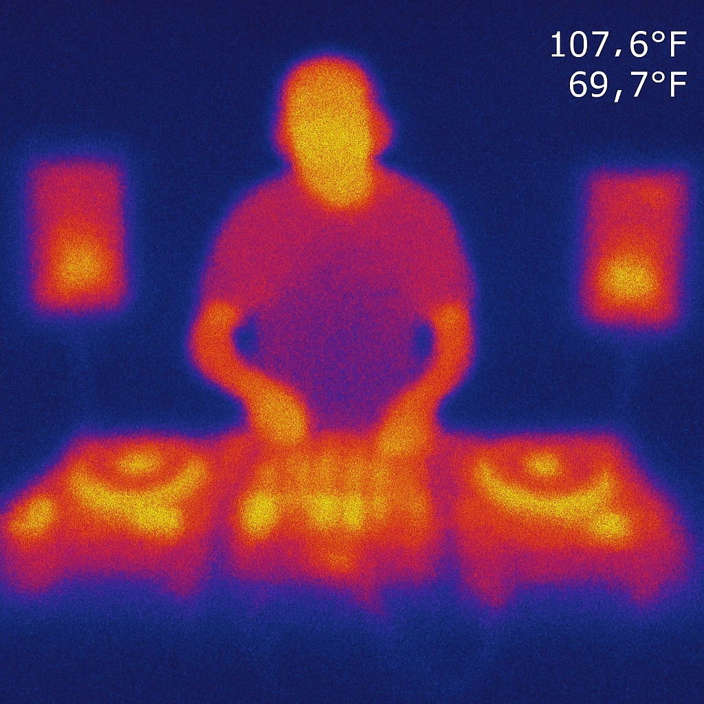 DJ setup, with background emoji