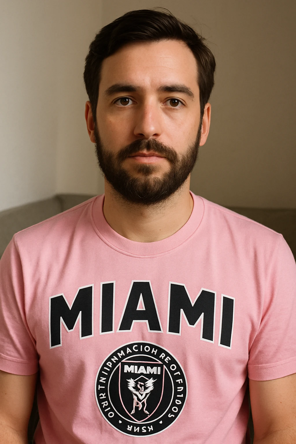 man with brown eyes, brown beard, and brown hair, wearing a Miami soccer shirt emoji
