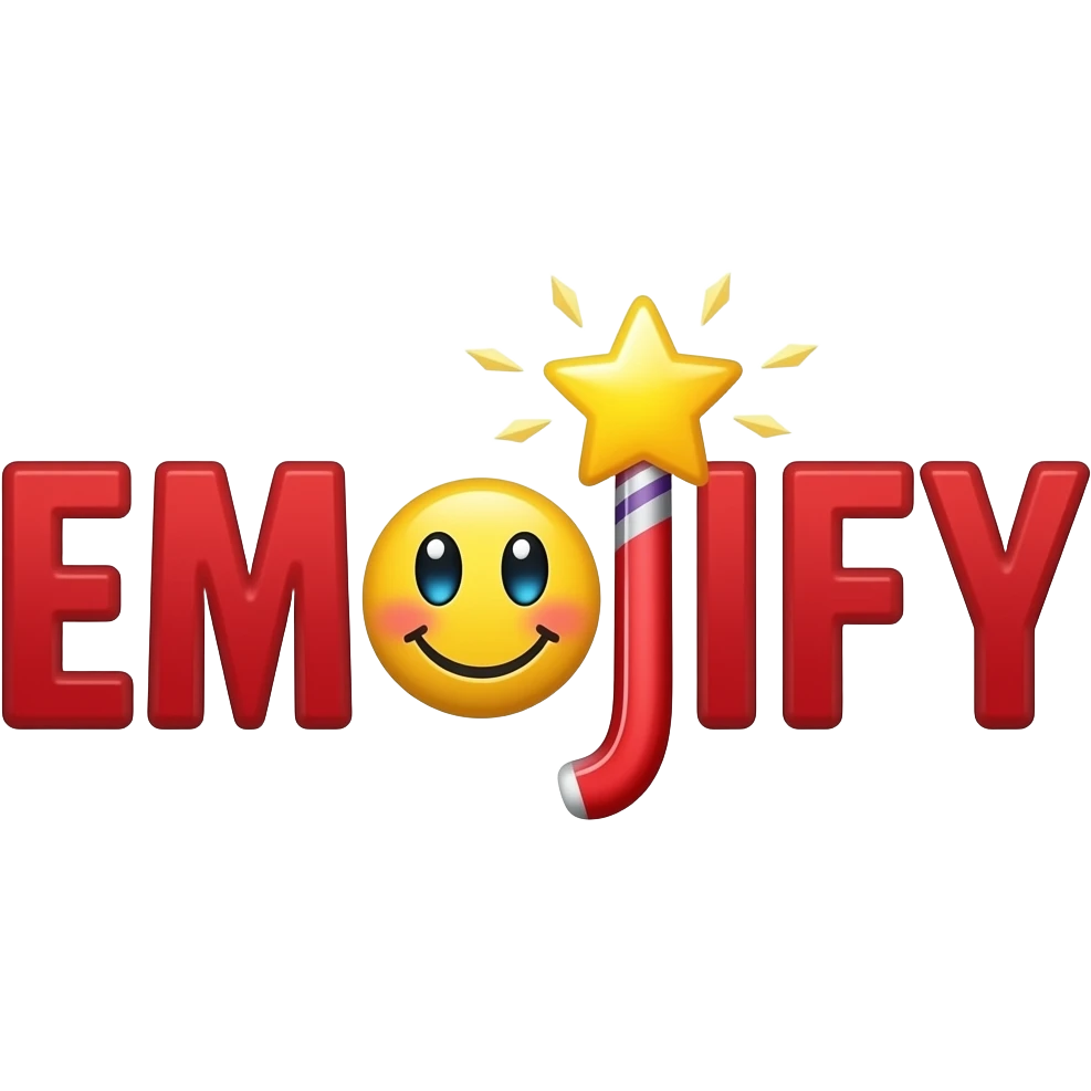 Red text "EMOJIFY" is stretched in height and width. Letter "I" in the form of a magic wand with a smiley face on the end. emoji