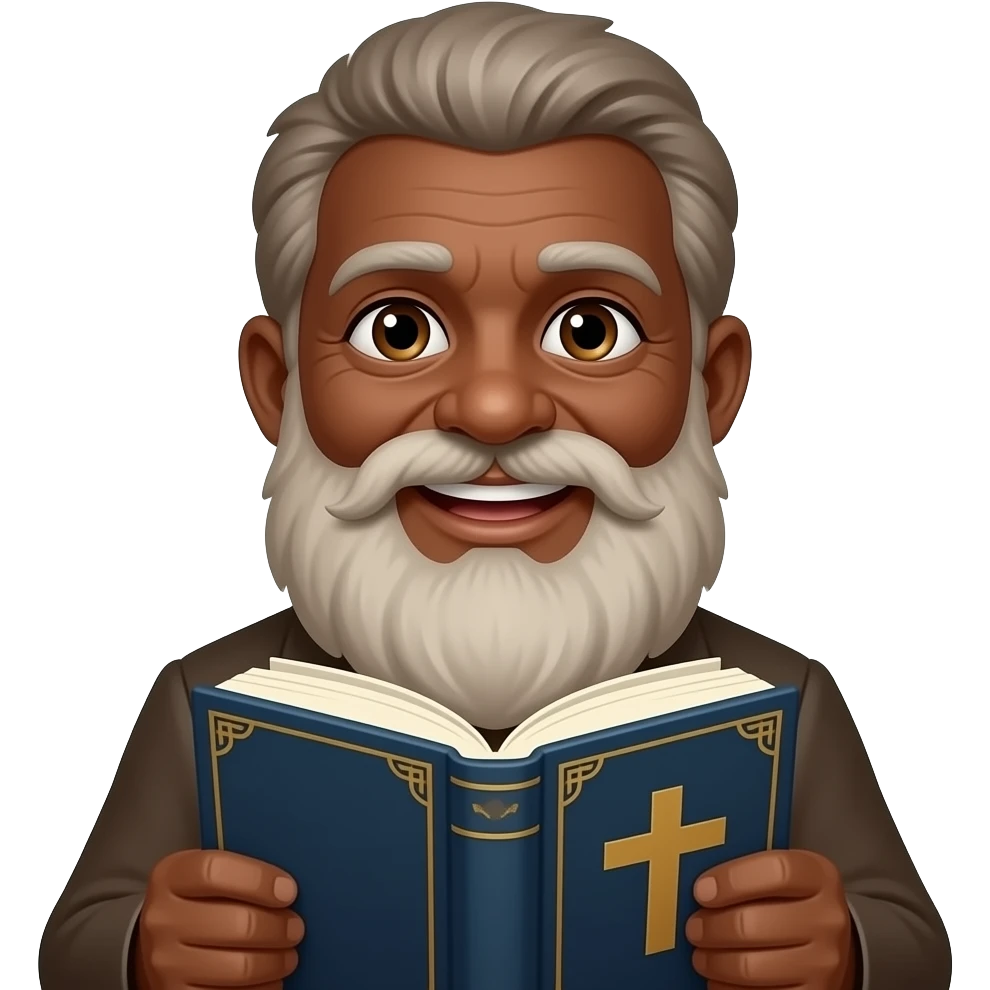 wise old man with greying brown hair white beard black skin smile with book that has a cross on it emoji