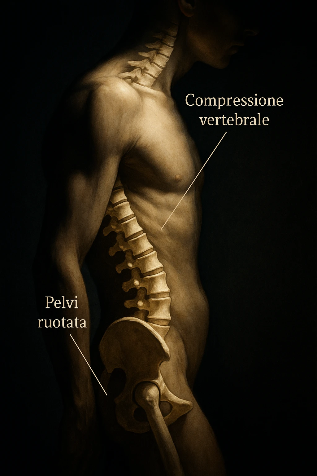 realistic and cinematic anatomical image: side view of human body with rotated pelvis, visible vertebrae compression, dramatic clinical lighting, captions in Italian, aspect ratio 2:3. emoji