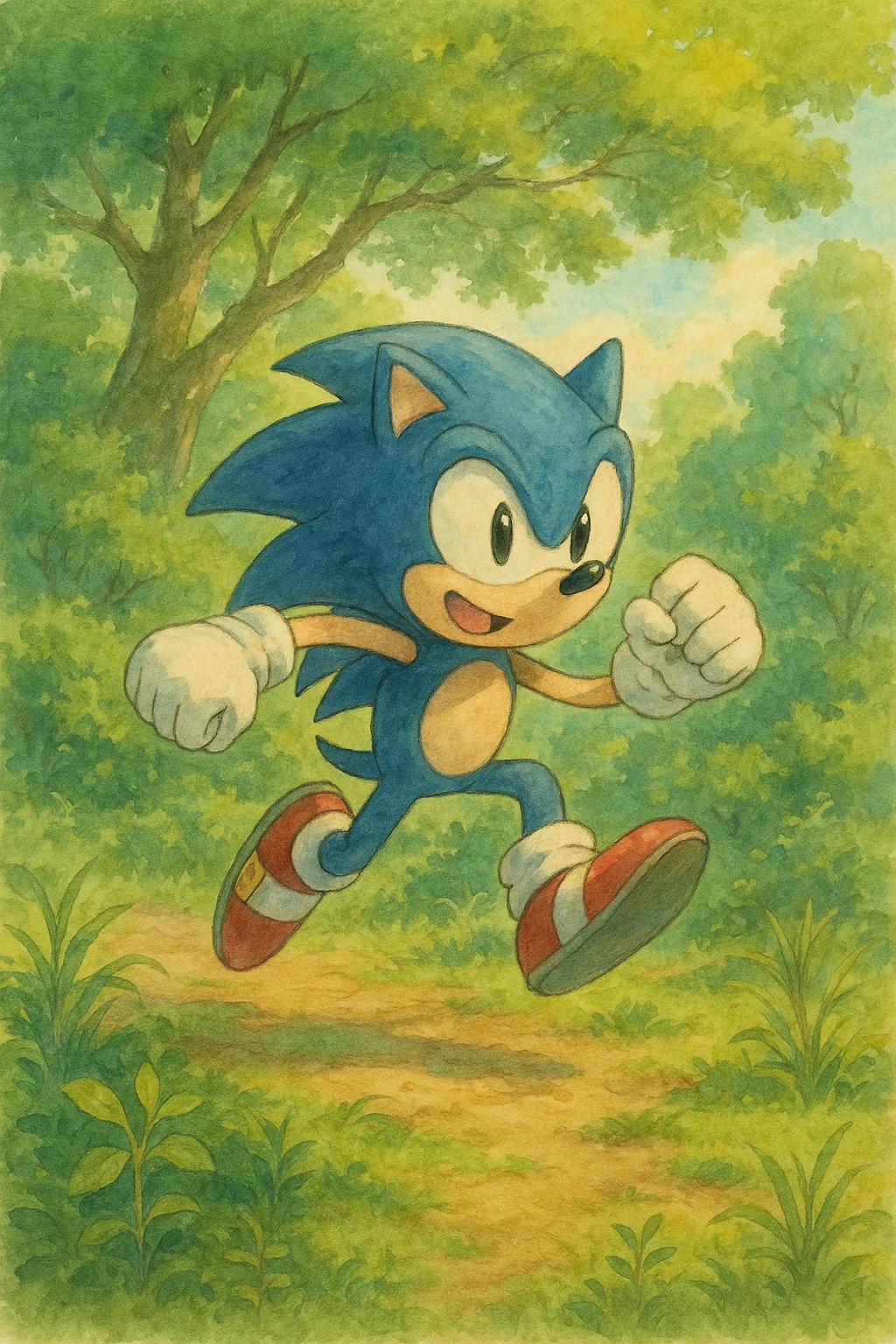 Sonic the Hedgehog, blue cartoon hedgehog with red shoes, energetic pose, ghibli style emoji