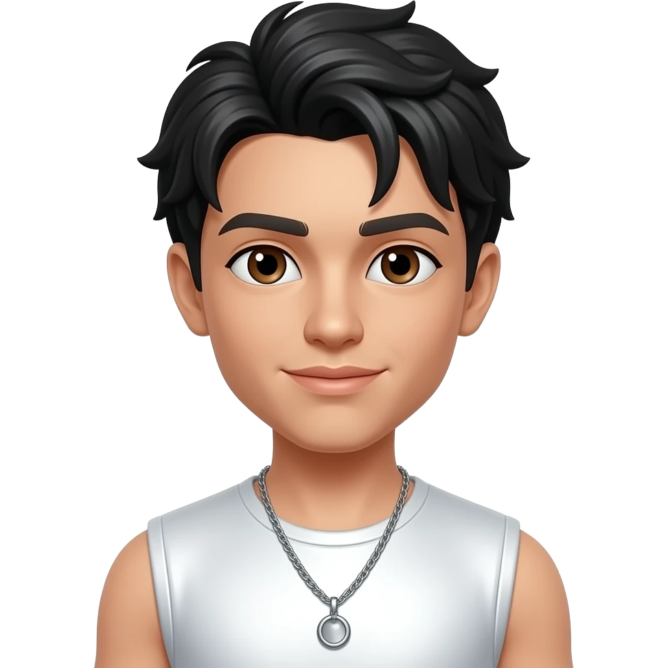 Eitan from Bratz with brown eyes, black hair, white metallic sleeveless shirt, silver necklace emoji