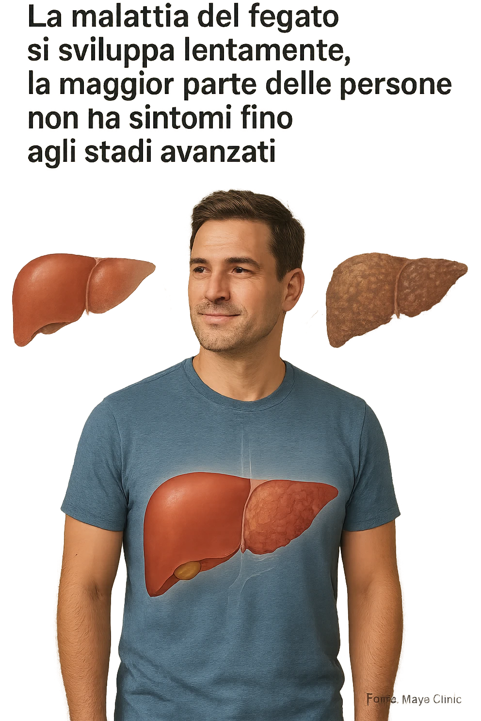 "Healthy-looking man unaware that liver disease develops slowly with most people having no symptoms until late stage A sexually transmitted infection caused by a parasite-Trichomoniasis - Symptoms & causes - Mayo Clinic, expression of false confidence in his health, transparent liver overlay showing progressive damage despite feeling normal, time-lapse visualization of gradual liver deterioration in italiano emoji