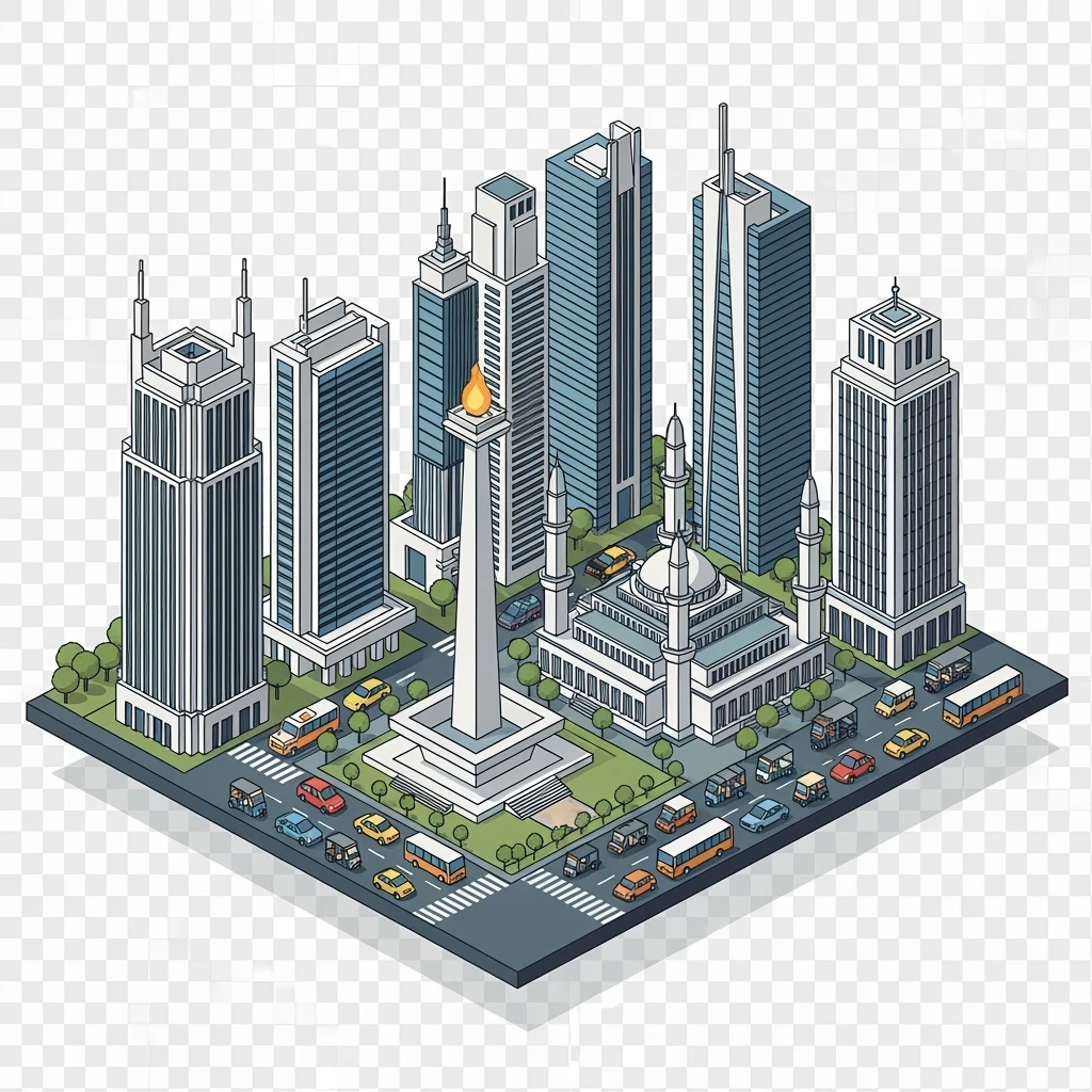 Isometric minimalistic illustration of Jakarta Monas (National Monument), Istiqlal Mosque, skyscrapers of Sudirman CBD, bustling streets with traffic and tuk-tuks, subtle 3D miniature effect and Tilt Shift effect, no cartoonish look, transparent background. emoji