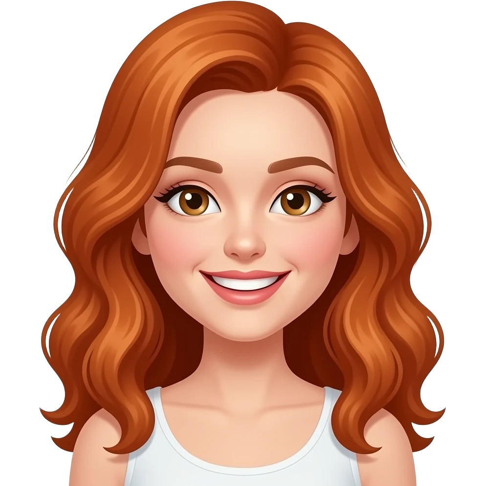 jeune femme rousse, cheveux ondulés, grand sourire, maquillage, botox emoji