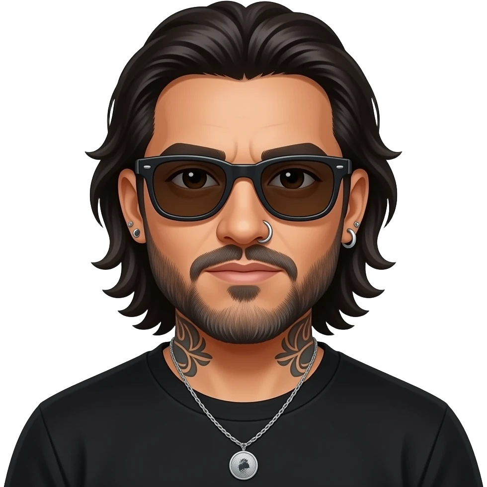 The handsome manly Latino podcast host with medium length hair, a long slightly graying beard and tattoos with his ears pierced 1 time each ear and a nose ring on the right side, dark brown eyes, wearing black, dark sunglasses, and jewelry, on drugs emoji