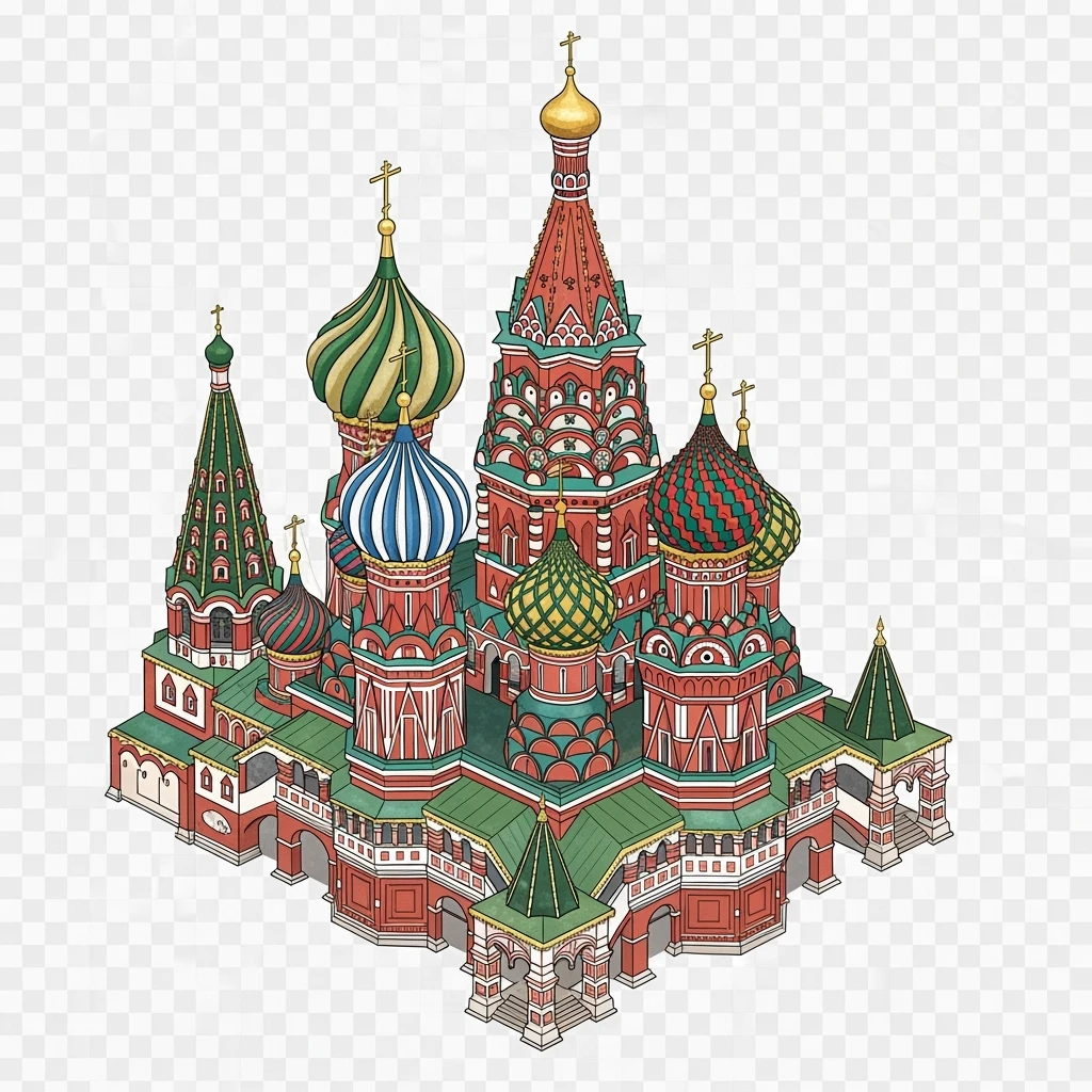 Isometric illustration of photorealistic Saint Basil's Cathedral with colorful onion domes, hand-drawn painterly details transparent background emoji