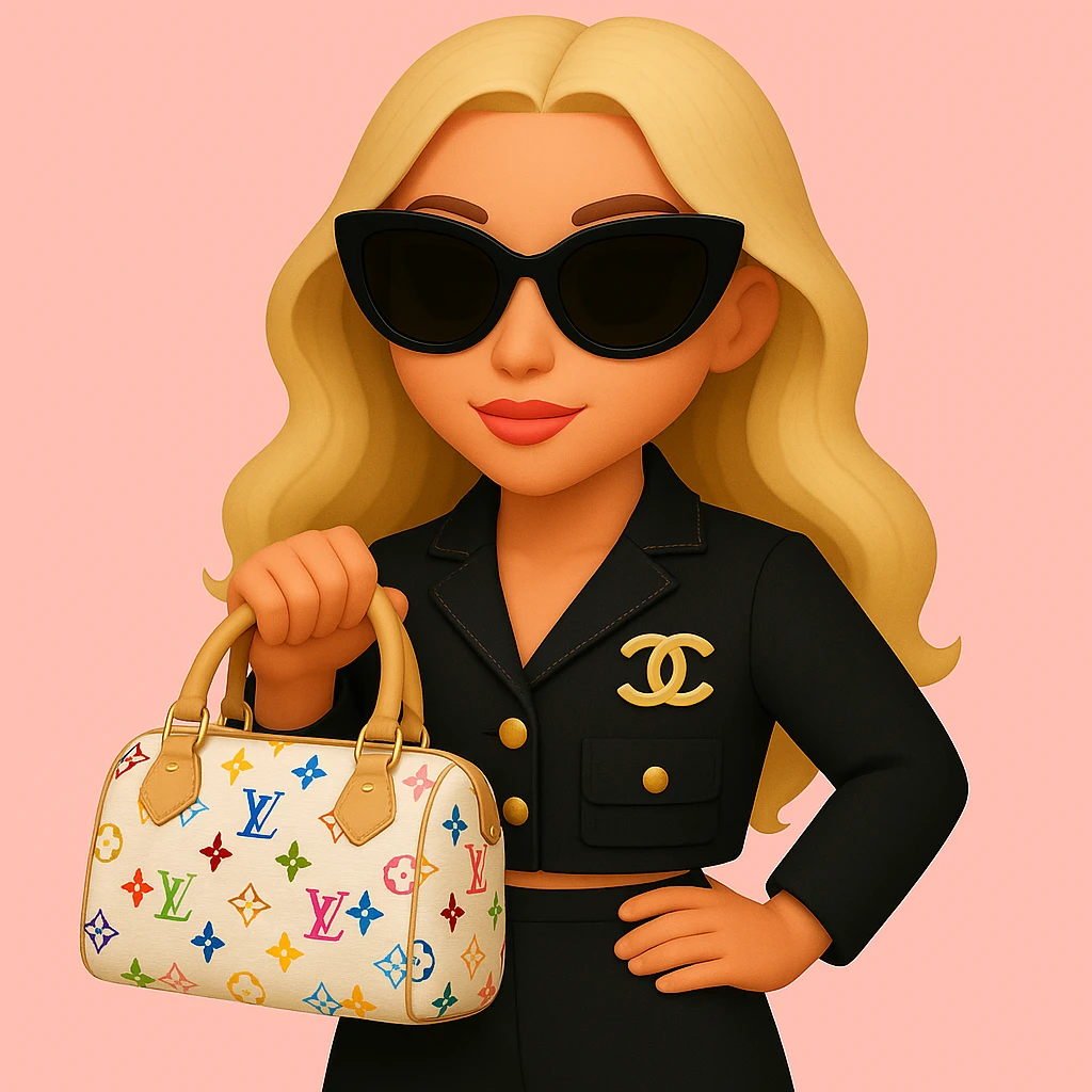 Remove all jewelry, make her lips a lighter pink, adjust her skin tone to be slightly more tan, and change the Louis Vuitton bag to a Speedy 30 Multicolore in white with rainbow monogram. Keep the pink background and sunglasses. emoji
