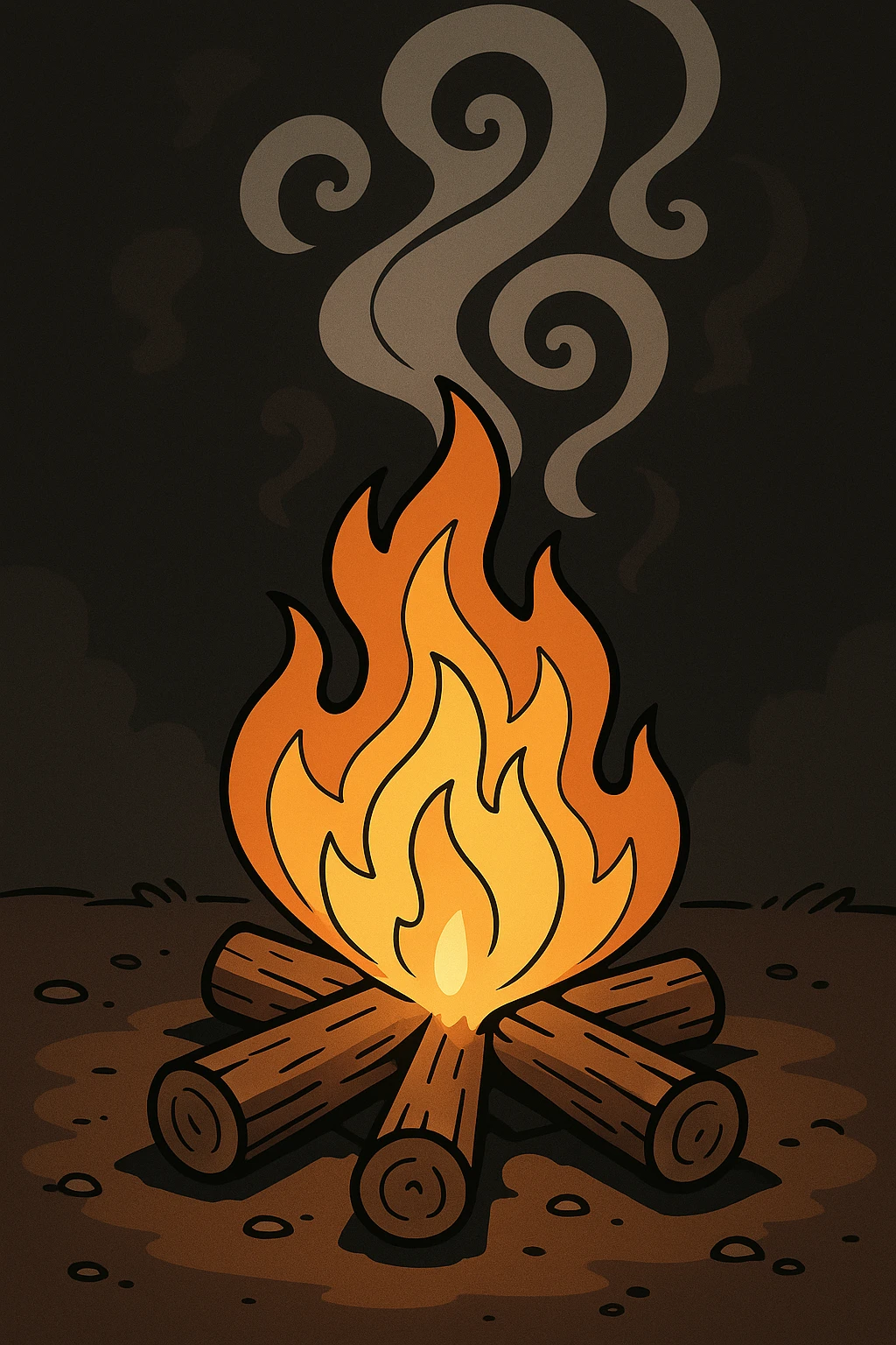 Add a dark background behind the campfire, keep the fire and smoke forming subtle hypnotic patterns, no people, straightforward style. emoji