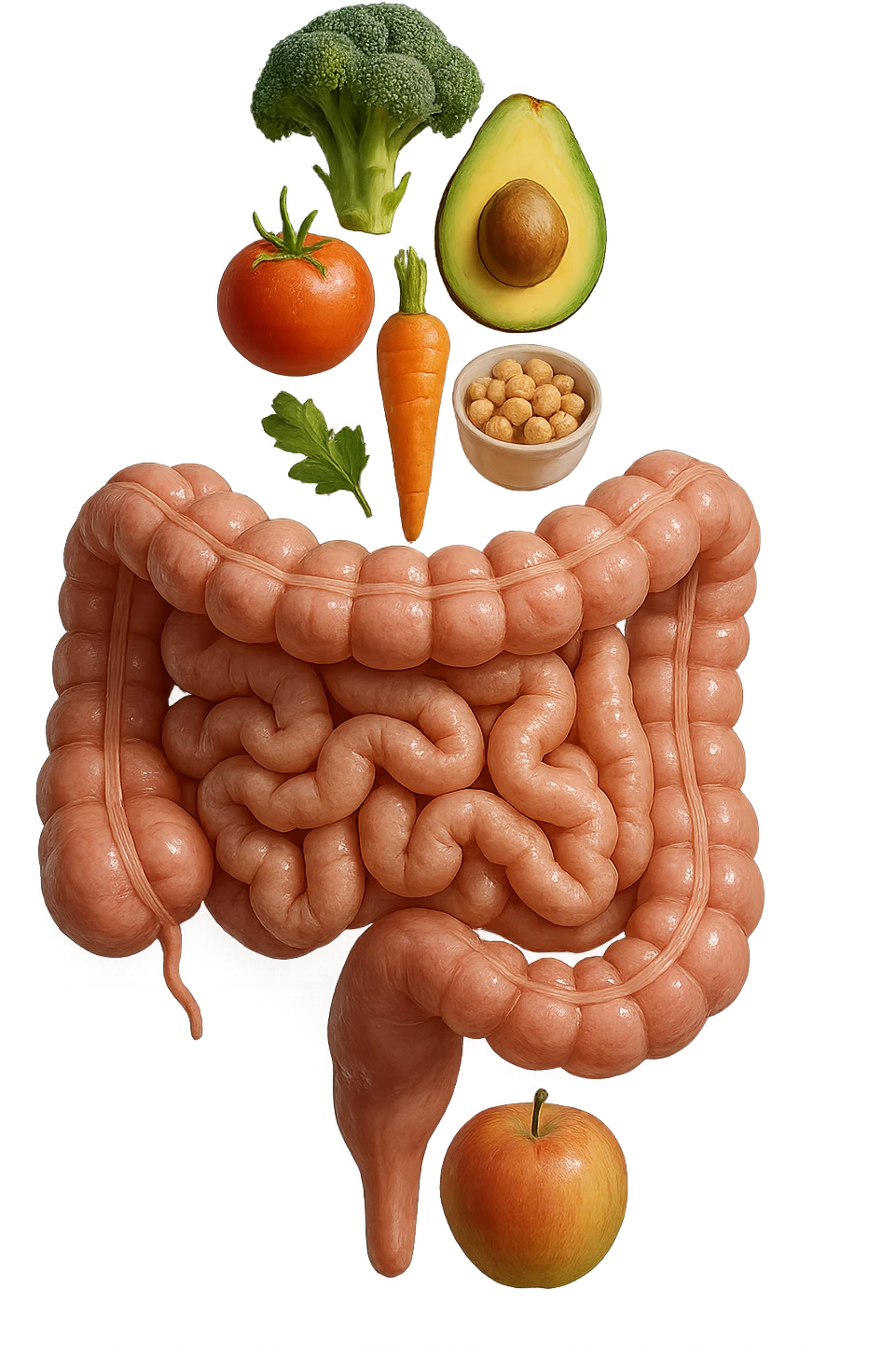 intestino umano anatomico con cibo sano che gli fluttua dietro verticalmente, iperrealistica 4k emoji