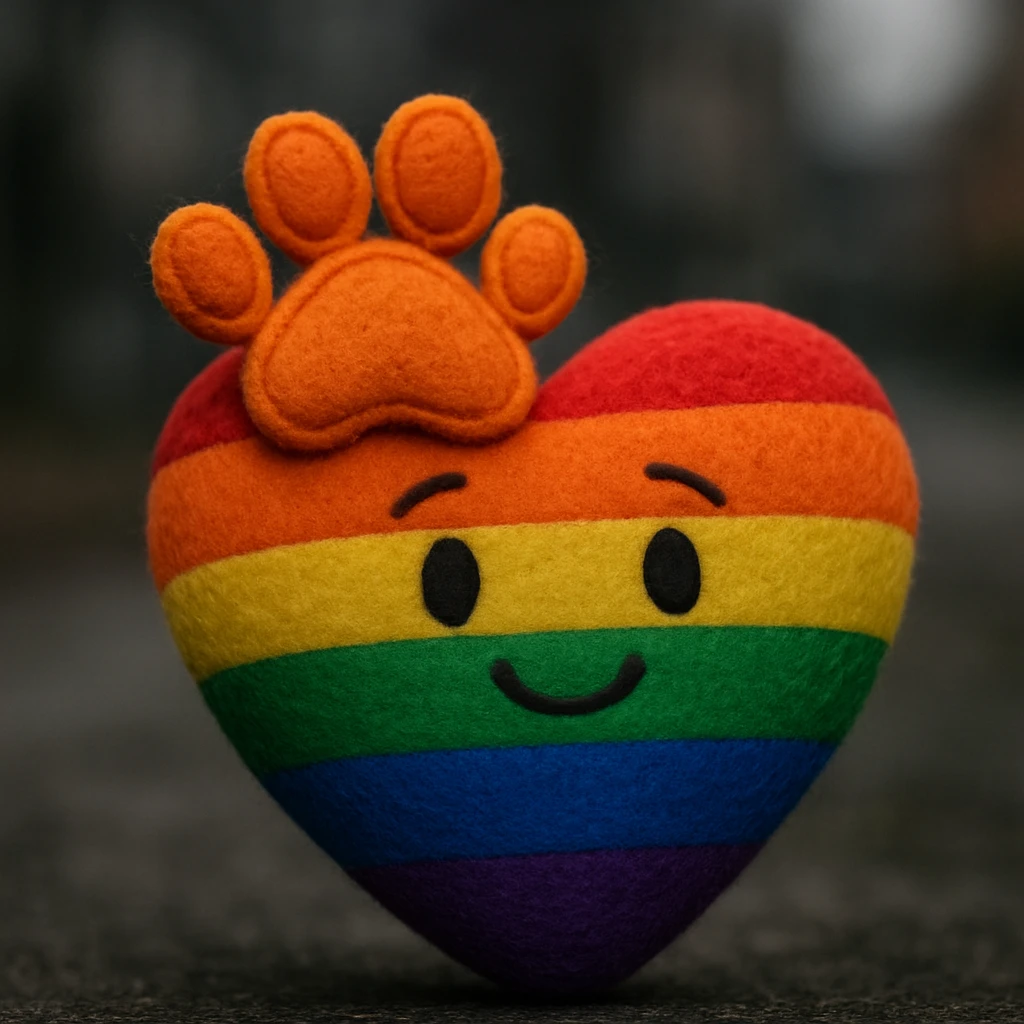 rainbow pride heart with a paw print on top, plush portrait style, no text emoji