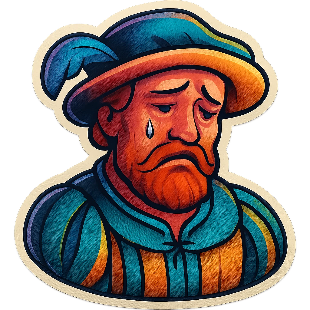 Red-bearded Landsknecht bust showing sadness, flat lightning emoji