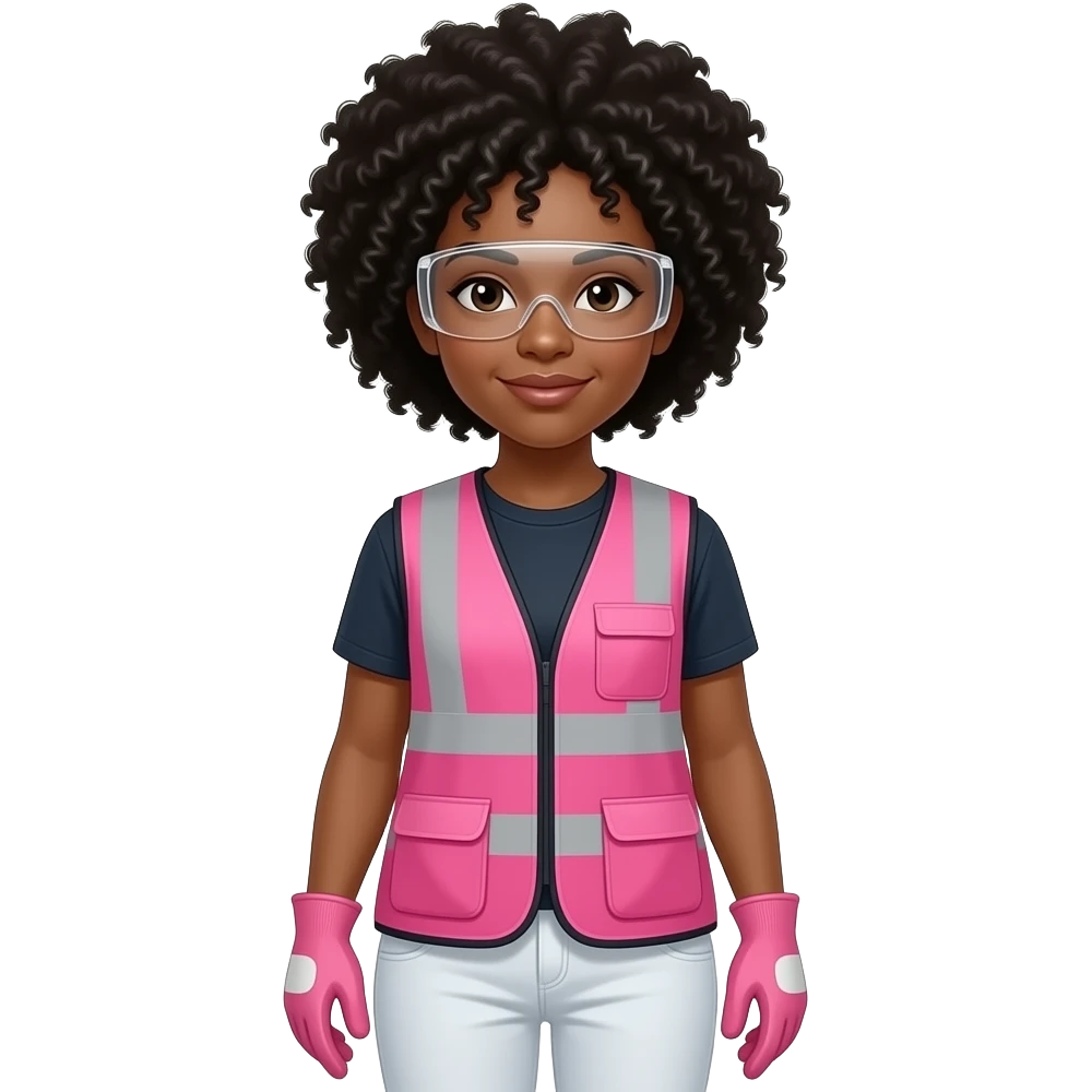 Biracial woman with black curly fro hairstyle wearing pink and clear safety glasses wearing a pink construction vest wearing white pans wearing pink construction vest wearing white pants wearing pink construction gloves emoji