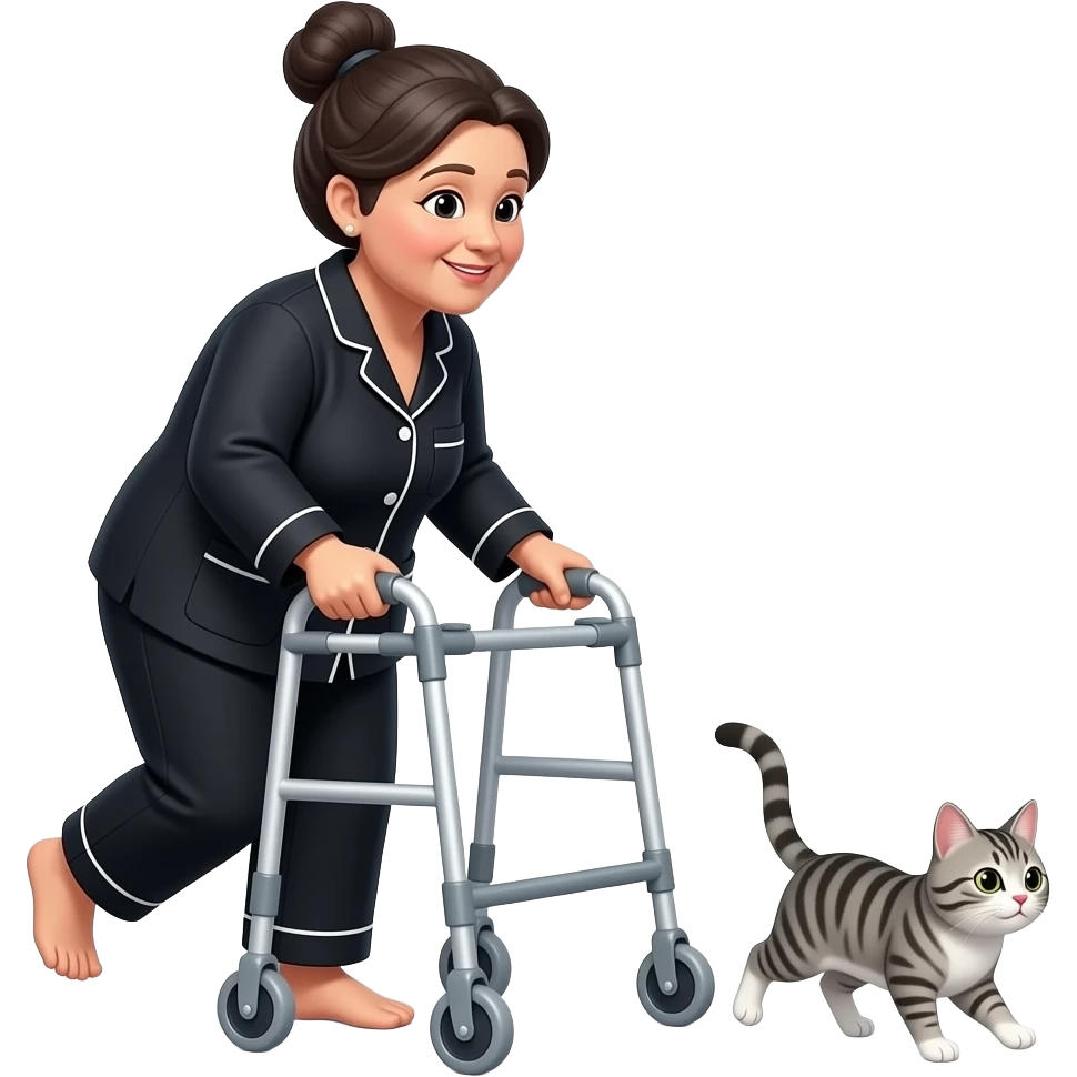 Tiny emoji, Middle aged, a little heavy set, dlight hair in a bun, woman in  black pajamas using walker chasing behind a grey and white tabby cat emoji
