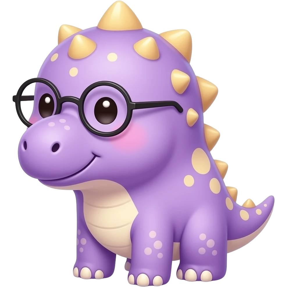 Cute baby brontosaurus emoji, pastel purple dinosaur with glasses, rosy cheeks, tiny smile, soft rounded shape, sparkles around it, kawaii plush style. emoji