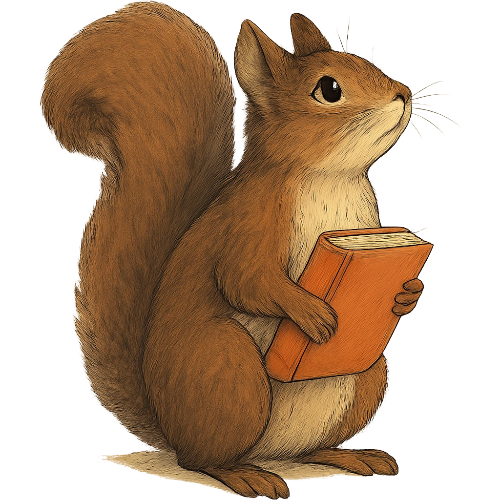 A cute brown squirrel with an orange book, studying at Siberian Federal University, looking up, full body, detailed fur, intelligent and beautiful emoji