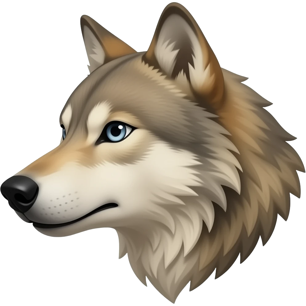 A little bit realistic aggressive face male Beige wolf head very realistic Turn sideways aggressive light blue gray eyes emoji