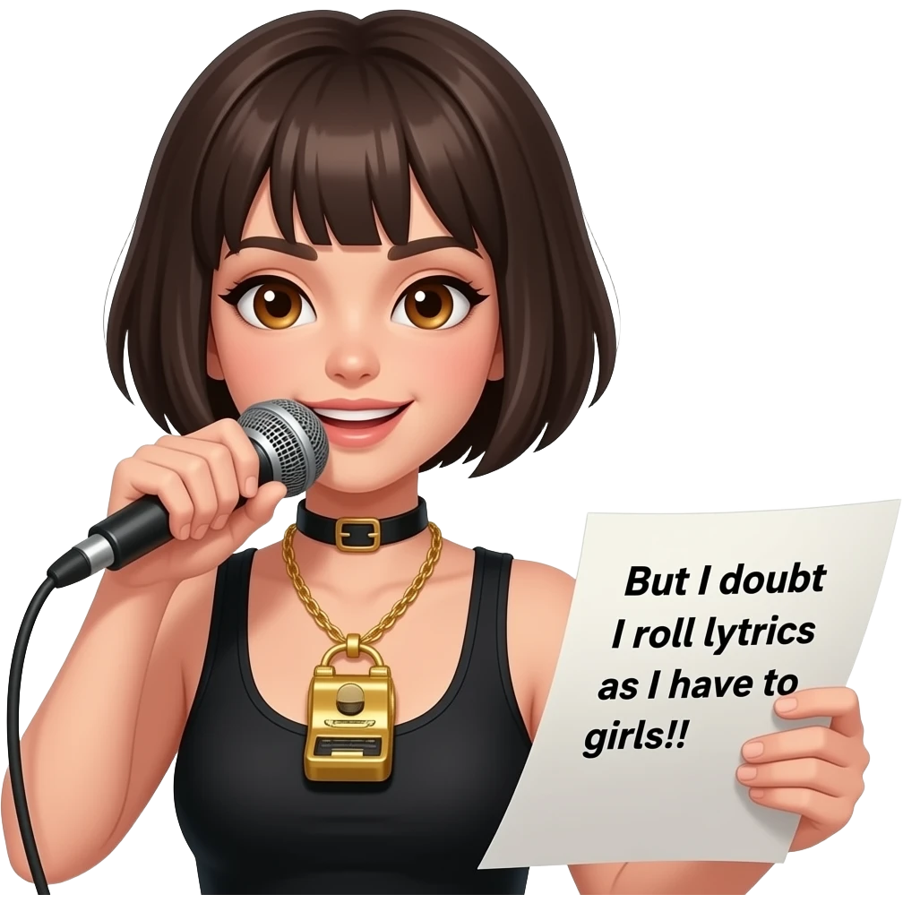 A tomgirl with short boyish hair and brown eyes rapping and wearing a golden stenography machine as a necklace. On her paper are the lyrics: "But I doubt I roll lyrics as I have to girls!!"
 emoji