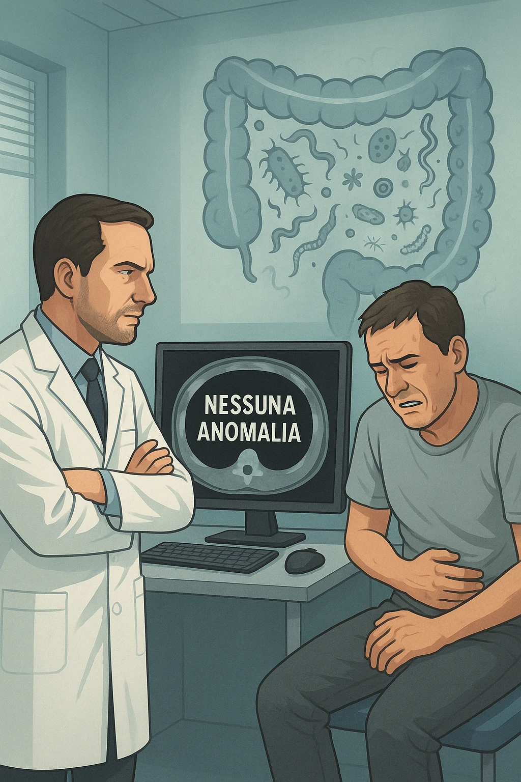 Medico in camice bianco in uno studio moderno, mentre osserva una TAC o ecografia su uno schermo con espressione convinta. Accanto a lui, un paziente seduto che lamenta dolori intestinali. Sullo sfondo, un’immagine traslucida dell’intestino pieno di piccoli parassiti stilizzati (vermi, protozoi), non visibili nel monitor medico. Il monitor mostra 'nessuna anomalia', ma dietro c’è la realtà invisibile. Atmosfera clinica ma con contrasto simbolico tra 'ciò che si vede' e 'ciò che sfugge'. Colori freddi, luce ospedaliera in italiano emoji