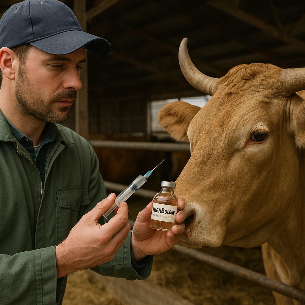 realistic image of a veterinarian or farmer administering a vial labeled 'Trenbolone' to a cow or bovine in a barn, detailed realistic animals and environment, readable label on the vial with the name 'Trenbolone' emoji