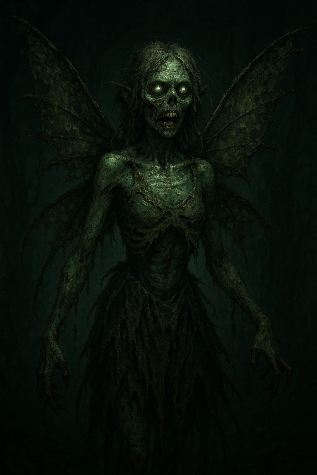 zombie fairy with decayed wings, greenish skin, tattered dress, eerie glow emoji
