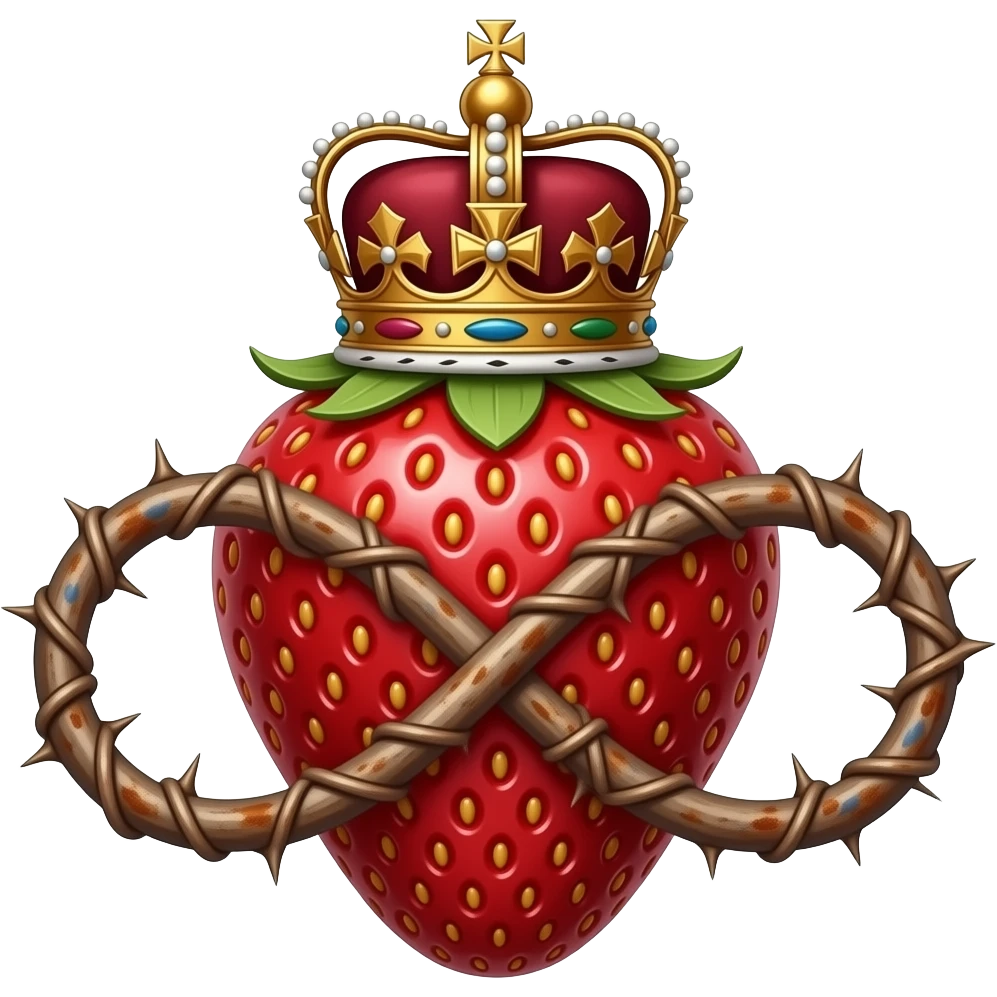 cinematic realistic -a rusty strawberry with a rusty, richly decorated English royal crown on top that is flaming. A crown of thorns is wrapped around the strawberry's body that is spinning around its body in the form of an infinity sign. emoji