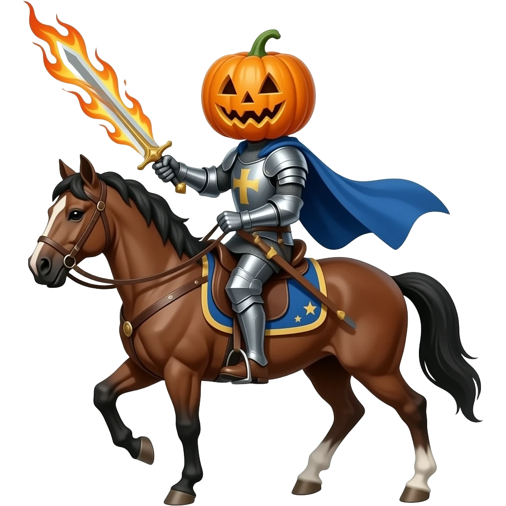 Knight riding a horse with a flaming sword and his head is a pumpkin emoji