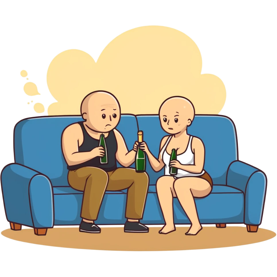 A bald man sitting on a couch. One Caucasian woman with brown hair, big boobs, wearing pants and a tank top, kneeling on the ground. A champagne bottle has exploded  emoji