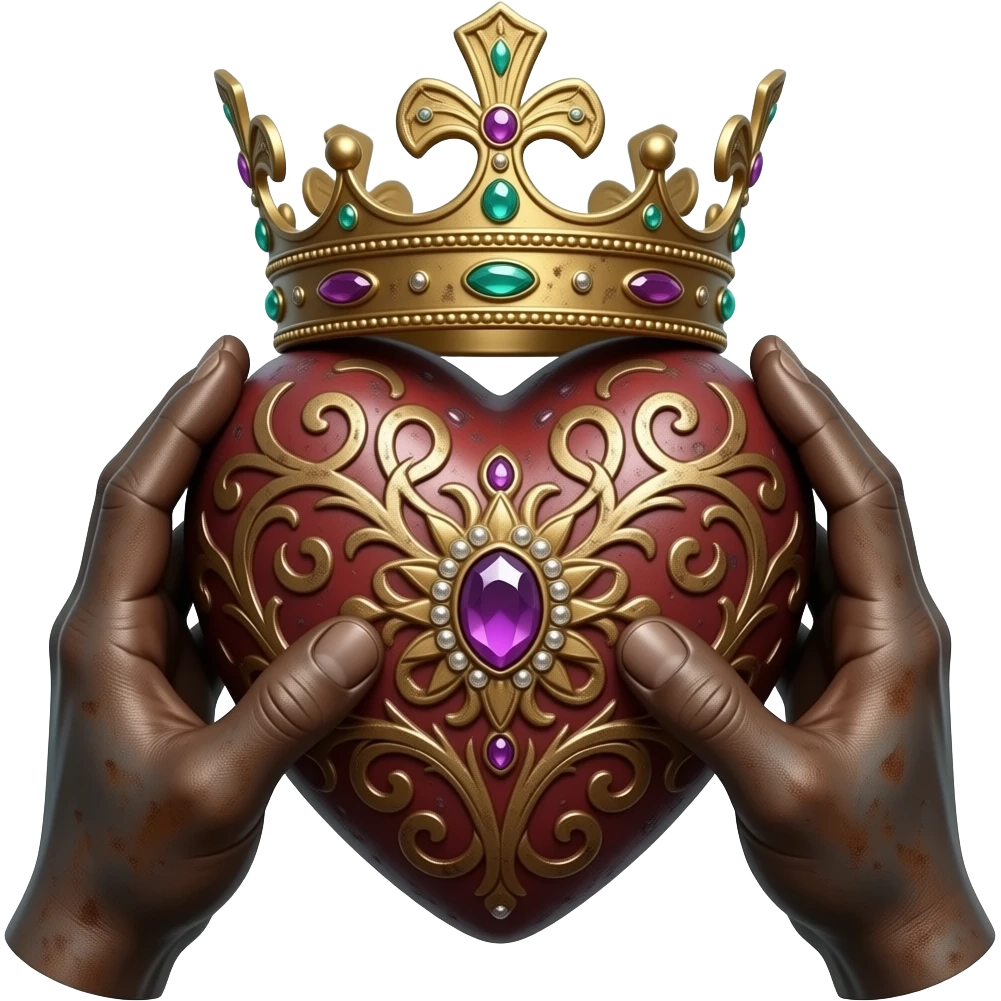 two rusty hands touch with their fingers a rusty heart richly ornamented with arabesques and studded with precious stones with a richly decorated royal crown, dramatic lighting - backlight emoji