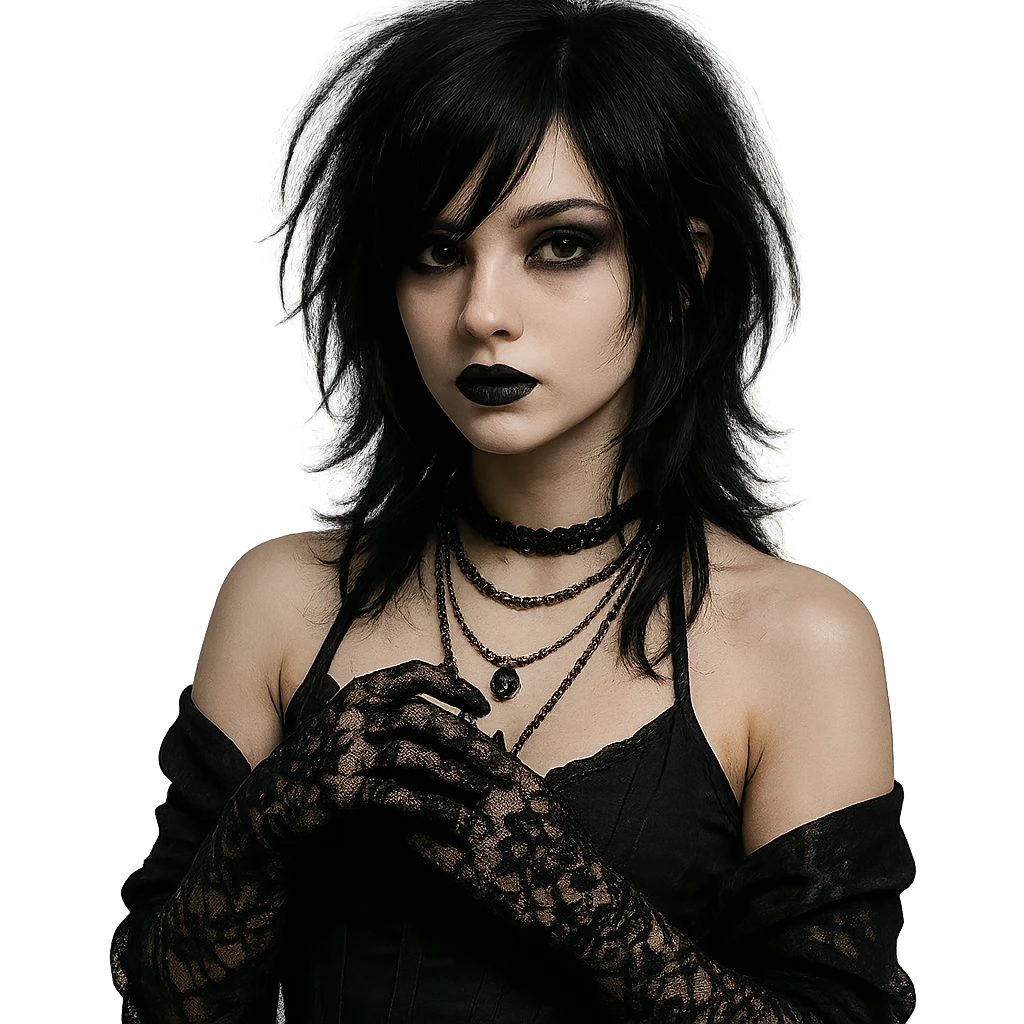 emo girl with lace gloves, layered necklaces, dark lipstick, mysterious and elegant emoji