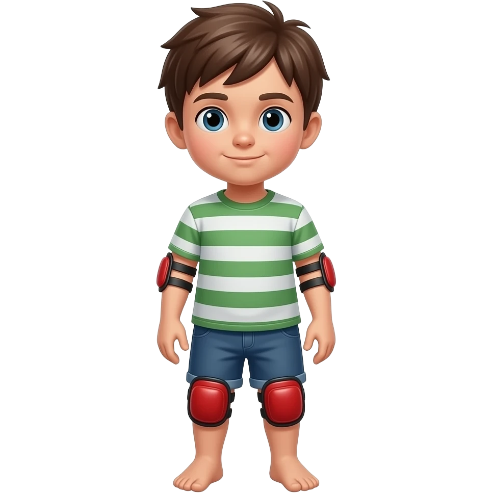 Child standing upright, wearing red elbow pads and knee pads, ready-to-play expression, front-facing pose. emoji