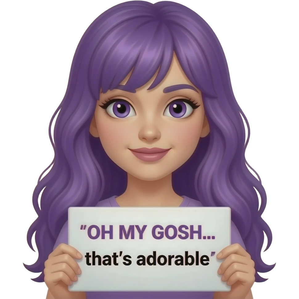 sexy girl with long purple hair and purple eyes holding a OH MY GOSH... that's adorablesign emoji